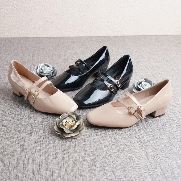 Peter Keiza Sepatu Pantofel Wanita Glossy dengan Dua Tali Tengah Tinggi 3 cm HB08-02
