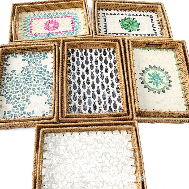 Rectangular Natural Shell Rattan Basket Creative Rattan Storage Tray Colorful Shell Storage Basket F