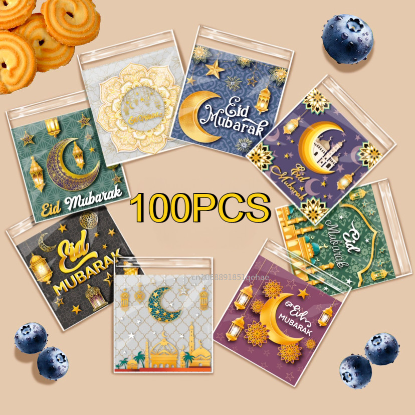 

100Pcs Ramadan Transparent Cookie Bags Candy Baking Packaging Bag 2025 EID Mubarak Gift Decor Muslim Islamic Party Supplies