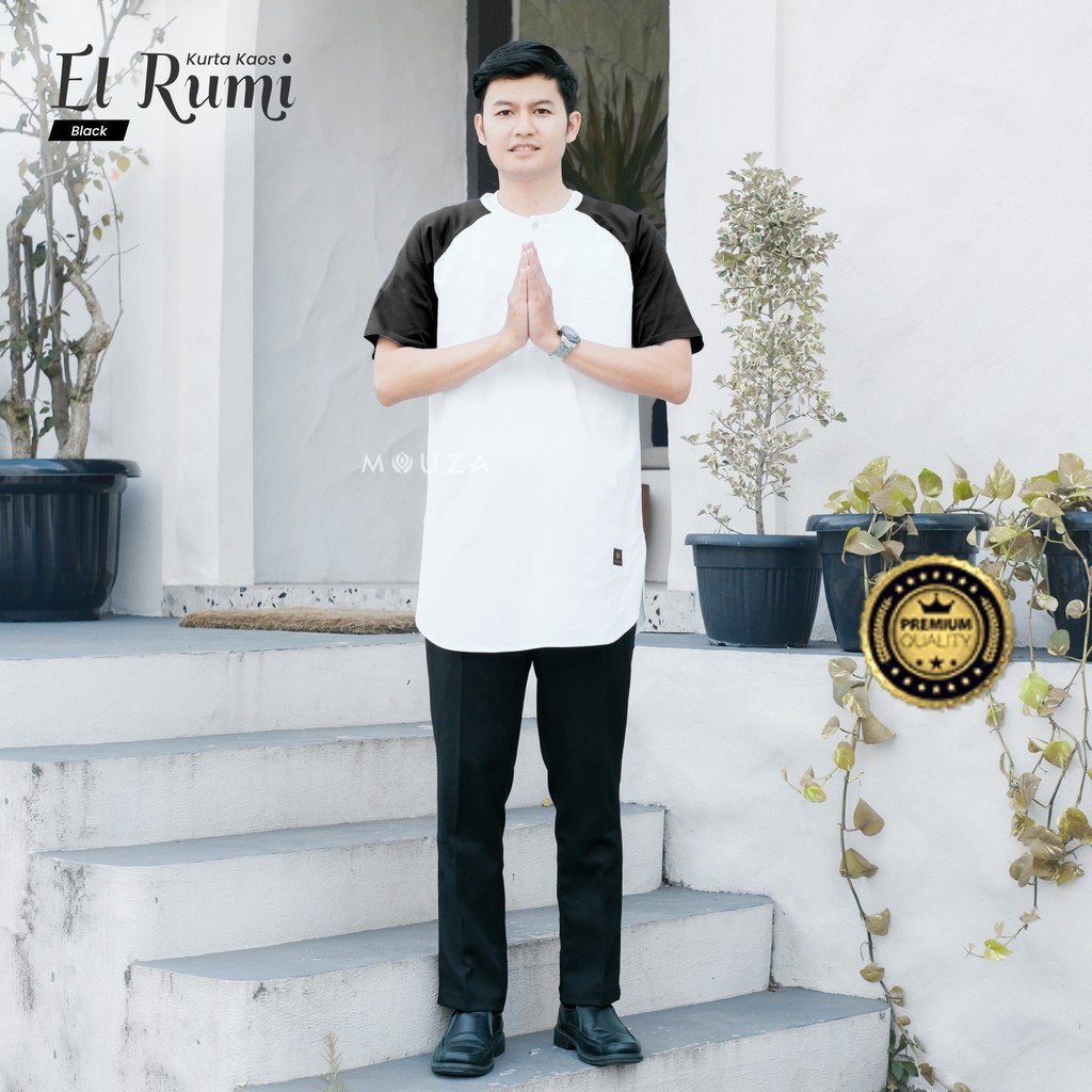MOUZA - Kurta Kaos EL RUMI Baju Lengan Pendek Pria Dewasa Casual  - Koko Kurta Premium Quality - Kok