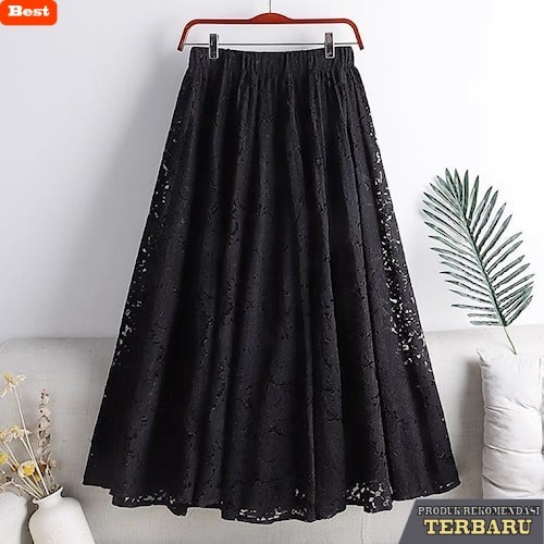 rok wanita kekinian Rok Bawahan Wanita Brukat Panjang Terbaru Kekinian Pinggang Karet - Hitam