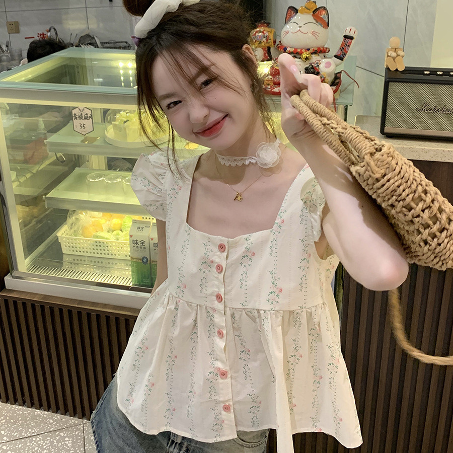 Atasan Tanpa Lengan Pendek WanitaRompi Bunga Kemeja Gaya Korea