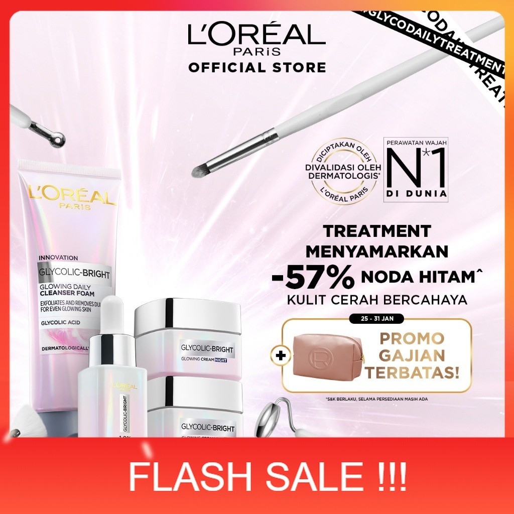 PROMO L’Oreal Paris Glycolic Bright Glowing 4 Pcs Skincare Kit Untuk Mencerahkan: Serum, Moisturizer