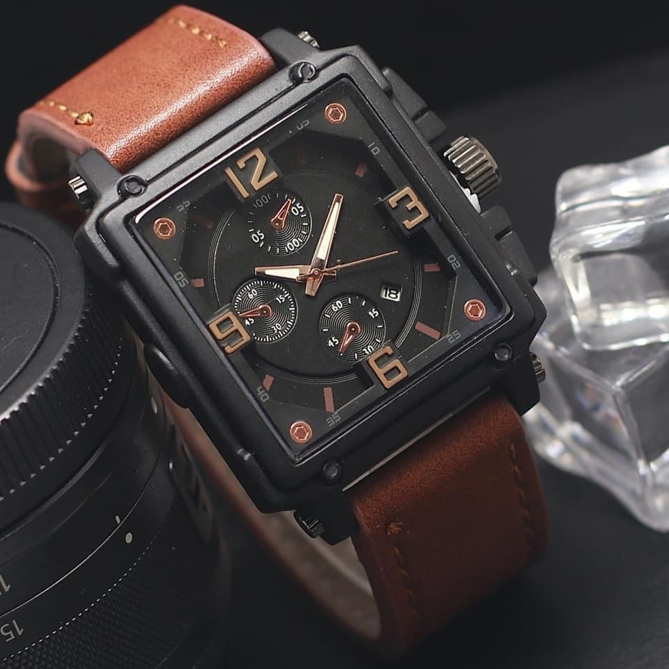 Jam Tanga Pria Kulit Model Kotak Tanggal Pergerakan Analog