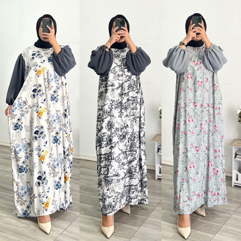 HRFIKG874 SHANUM DRESS / Gamis Rayon Kombinasi / Gamis Rayon Motif Busui / Dress Gamis Kombinasi Cri