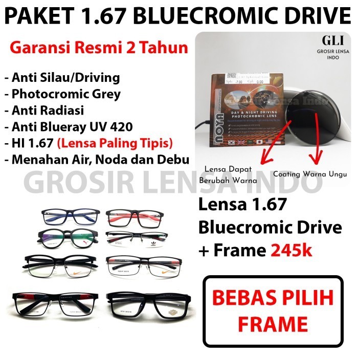 Lensa Kacamata Paket 1.67 Bluecromic Drive + Frame 245k