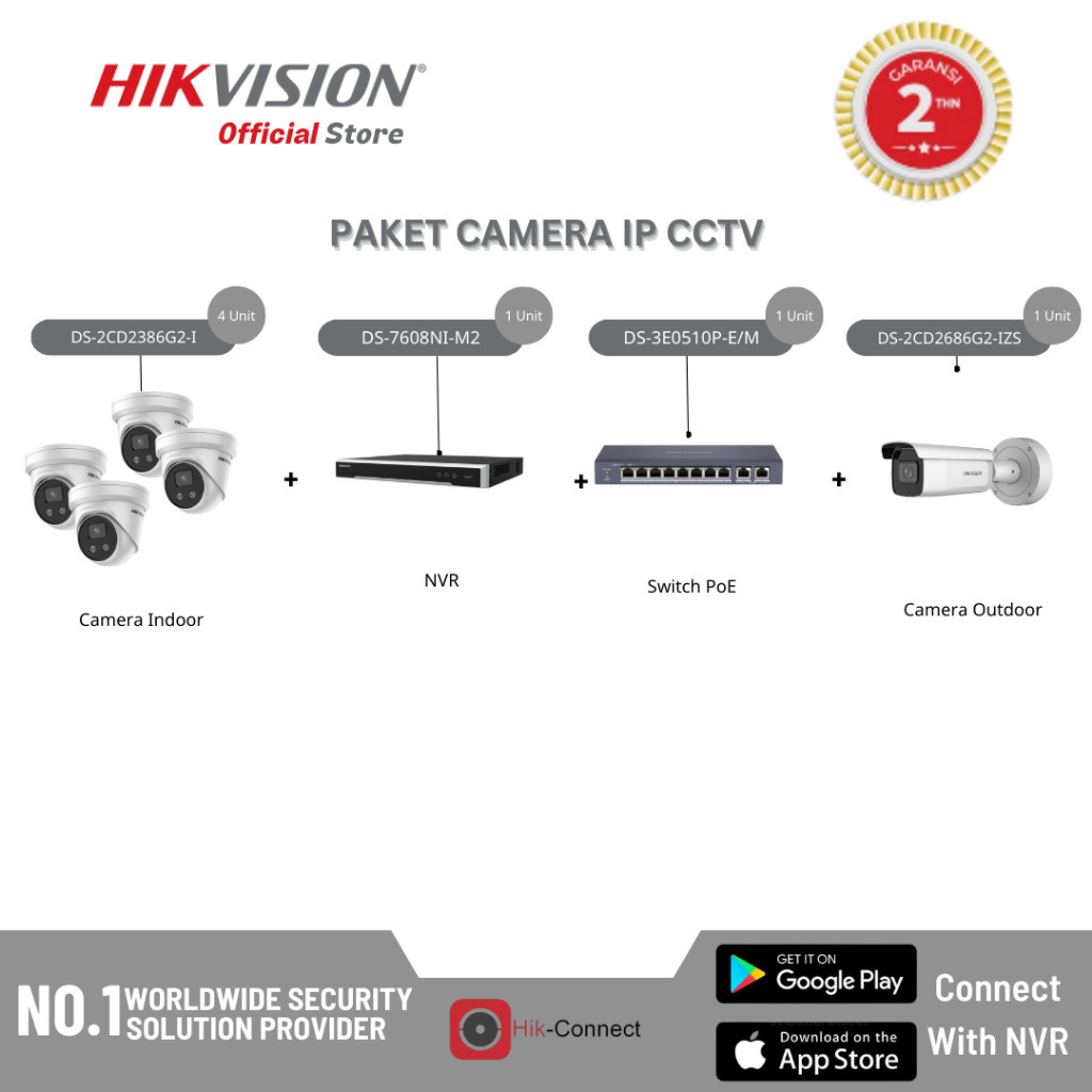 diskon spesail promo HIKVISION - Paket Hemat IP Camera CCTV 8MP (1 OutDoor + 4 InDoor + 1 Switch PoE