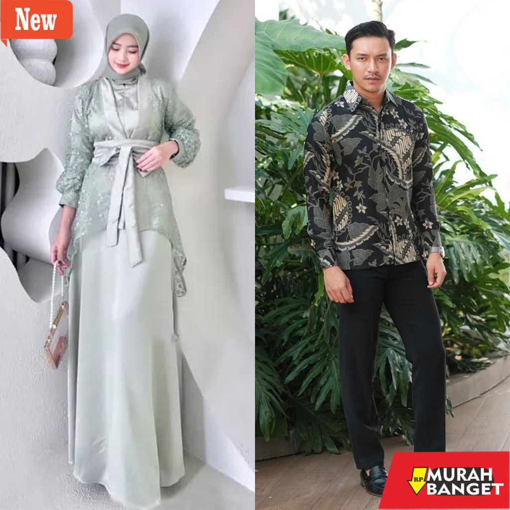 Gamis pesta- Couple Gamis Outer Brokat Polos Baju Wisuda Lamaran Kekinian Kemeja Batik