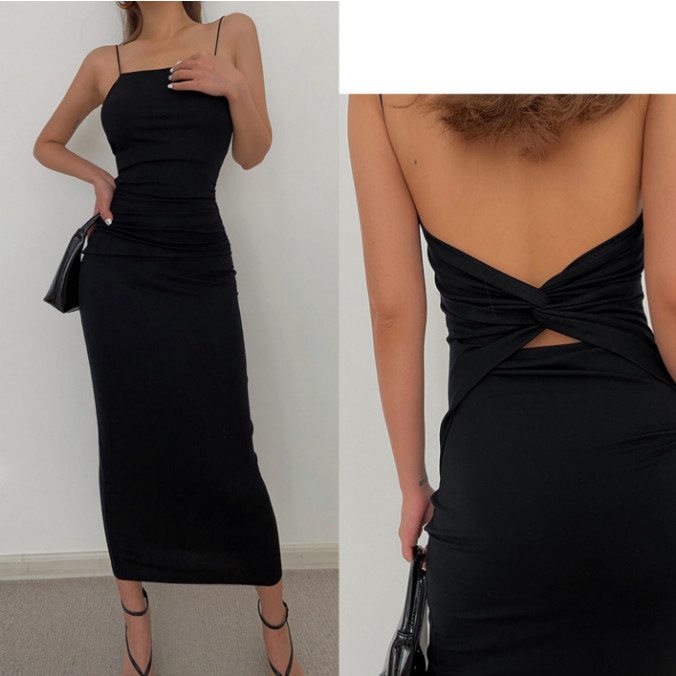 black dress hitam mewah elegan korean style press body backless midi dress tanpa lengan terbaru 2025