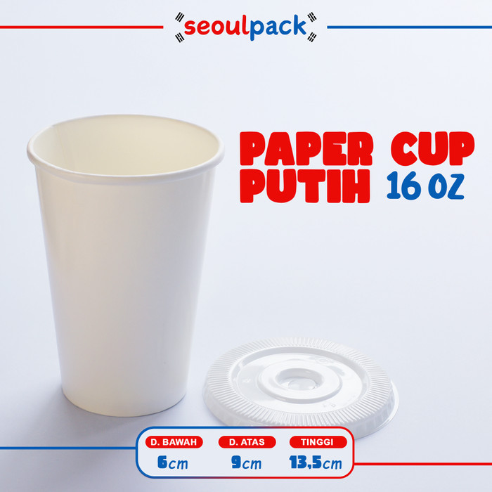 Paper Cup Putih Polos 16oz + Tutup (50pcs) - Paper Cup, Cold Cup, Ice Cup, Gelas Kertas, Gelas Pesta