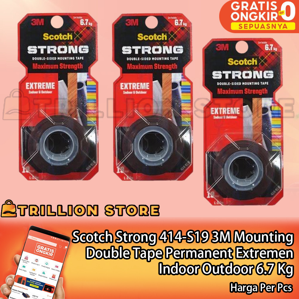 3M Scotch Strong Mounting Double 414-S19 Tape Permanent Extremen Indoor Outdoor 6.7kg Perekat Isolas
