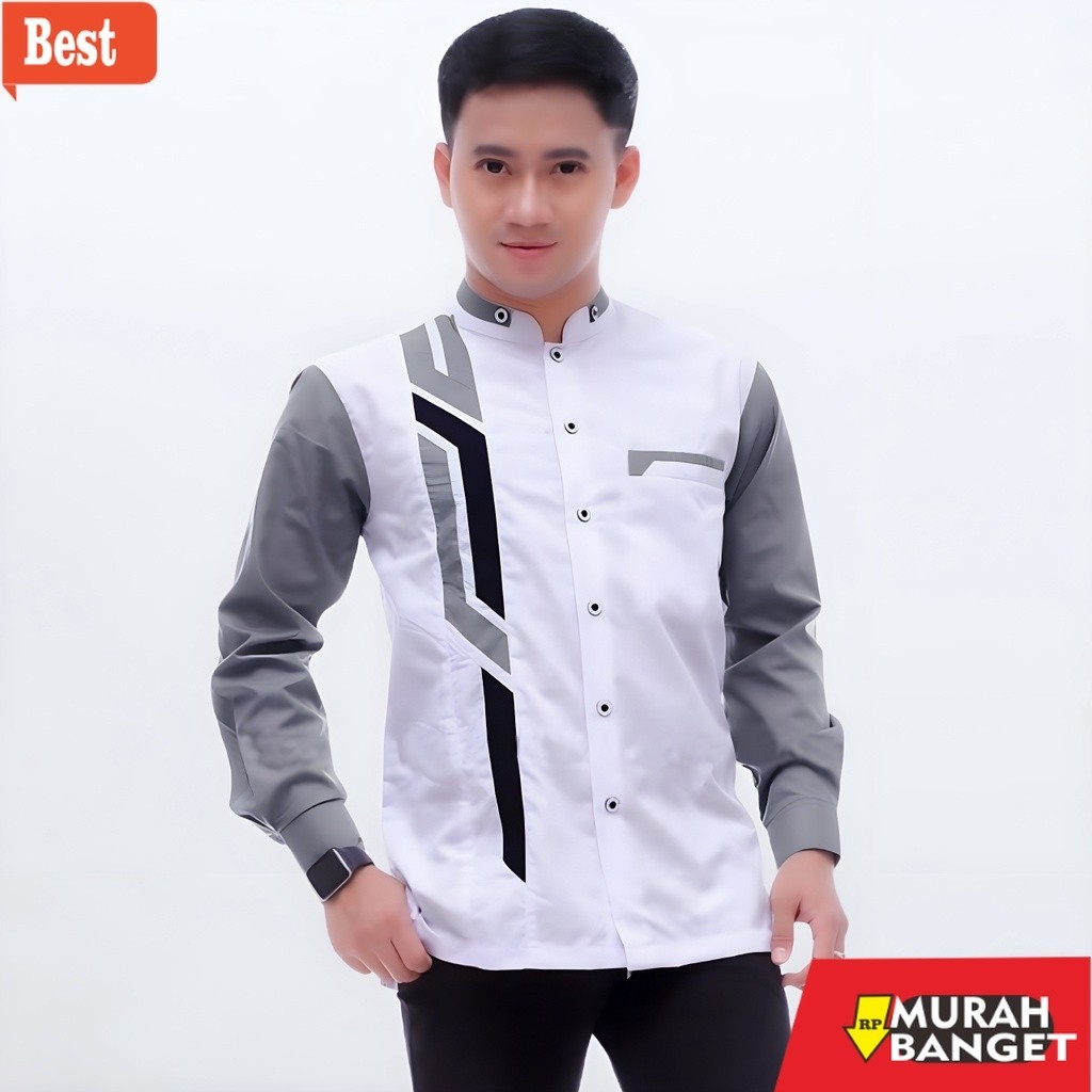 Baju muslim lengan panjang- Baju Koko Pria Dewasa Lengan Panjang Motif Sinergi Terbaru Warna Putih K