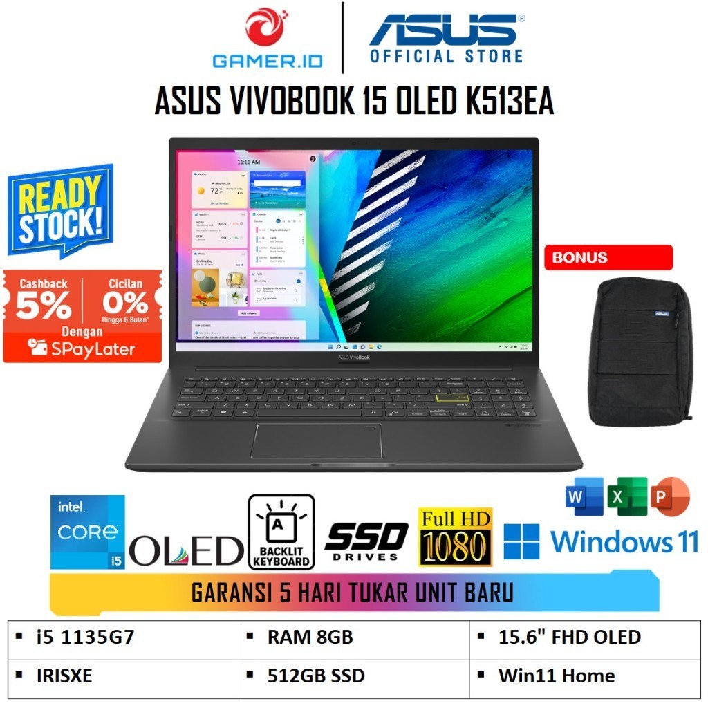 GAMER ID ASUS VIVOBOOK 15 OLED K513EA i5 1135G7 8GB 512GB SSD IRISXE WIN11+OHS 15.6" FHD OLED 100 DC