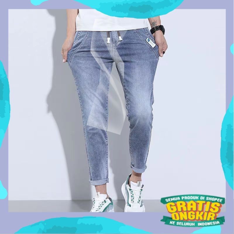 Celana jeans pria celana panjang pria jeans karet korean style slim fit cowok original biru muda pen