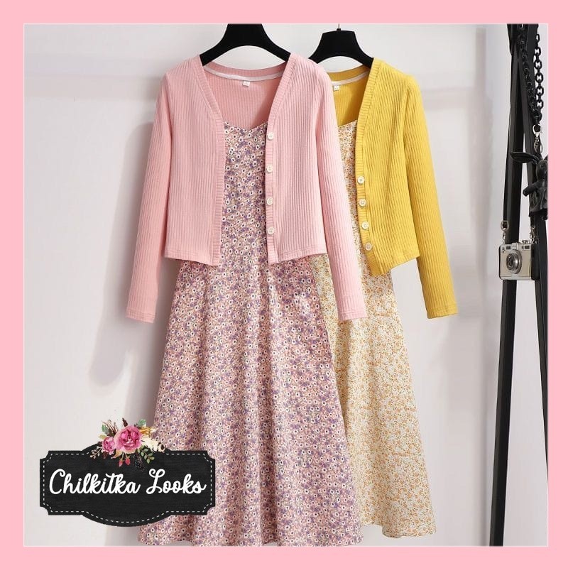 CHILKITKA LOOKS FASHION WANITA IMPORT Stella Set Midi Dress & Outer Cardigan Long Sleeve Dress Panta