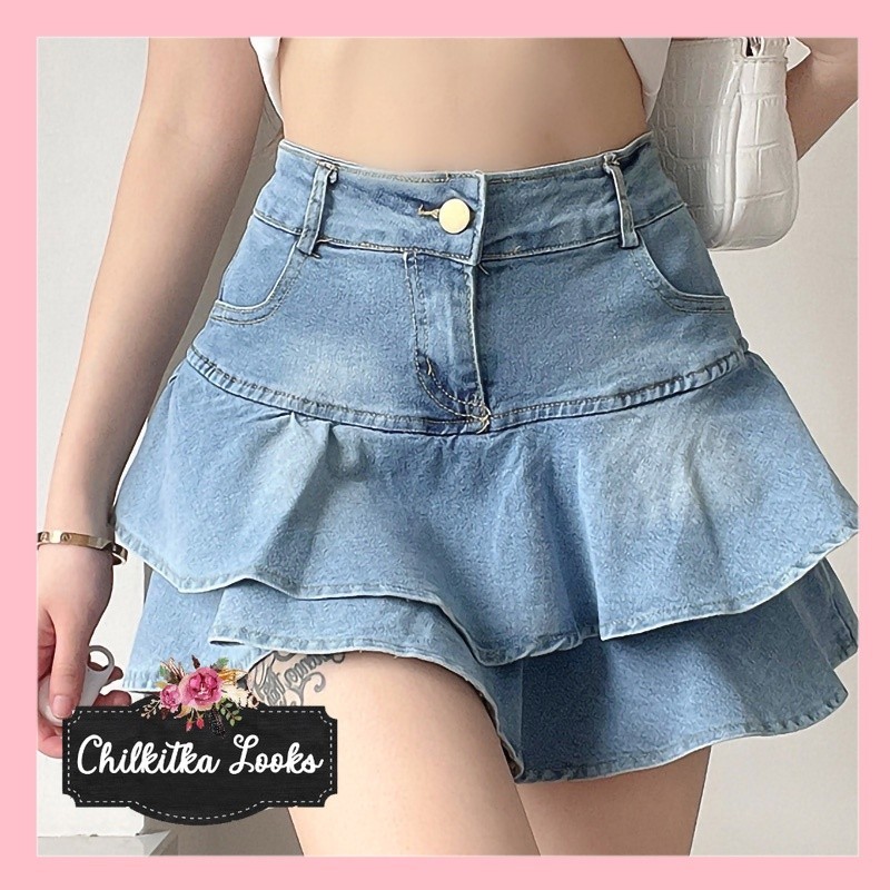 CHILKITKA LOOKS BANGKOK FASHION DQ006 Denim Skirt Rok Mini Jeans Wanita Rok Denim Pendek Kerut Dua L