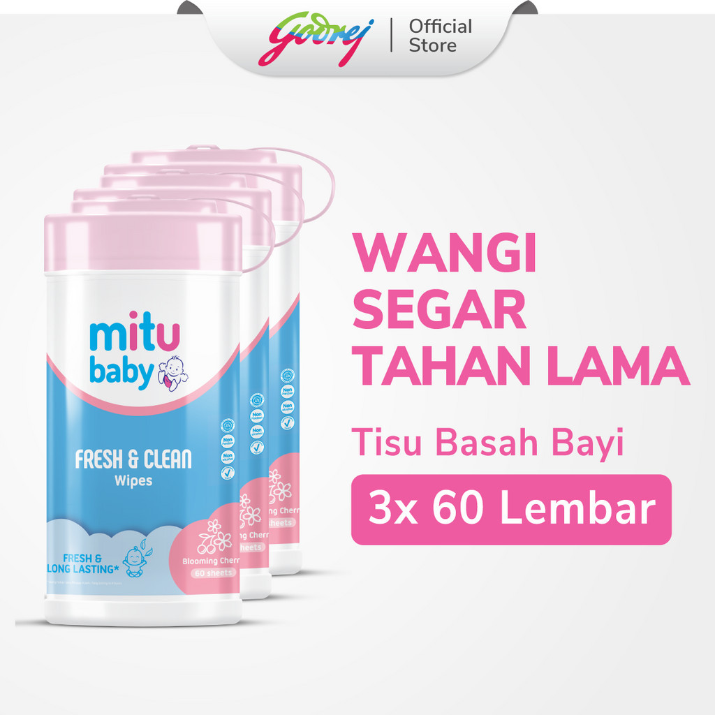 Mitu Baby Fresh & Clean Wipes Blooming Cherry Bottle 60'S x3 - Tisu Basah Bayi