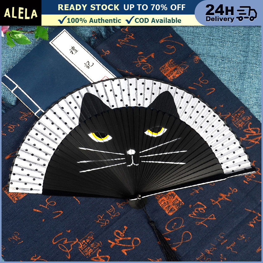 Alela Kipas Tangan Lipat Kain Jepang Motif Kucing Lucu Kado Dekorasi Souvenir