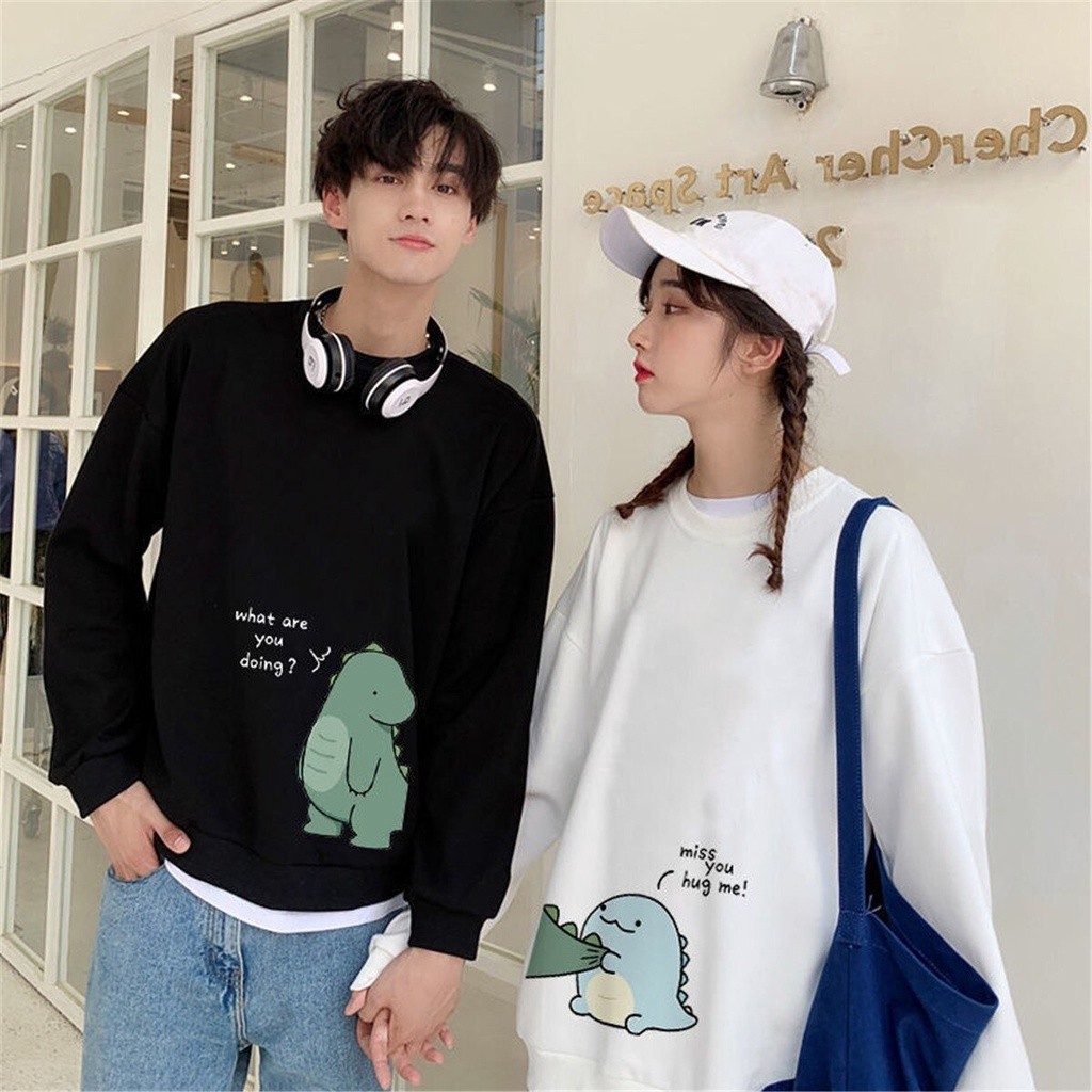 Promo COD Sweater Couple Pasangan Pria Wanita Switer Sweeter Sweter Couple Desain Dino Warna Hitam P