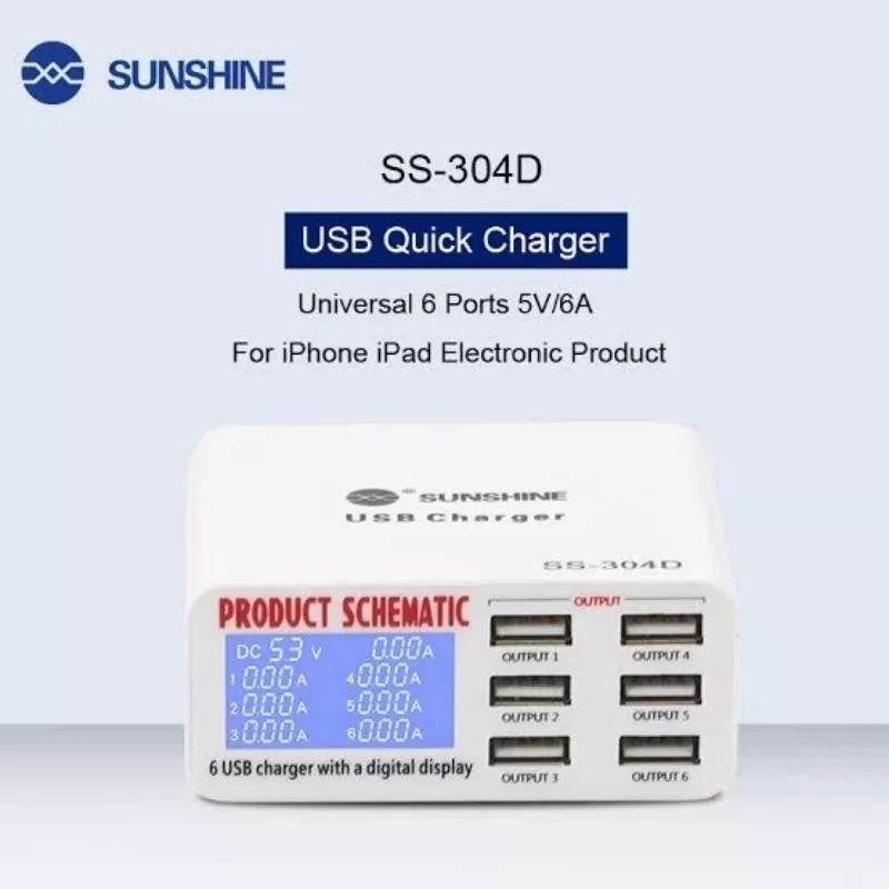 USB CHARGER SUNSHINE SS-304D USB ADAPTOR CHARGER 6 PORT DIGITAL ORIGINAL