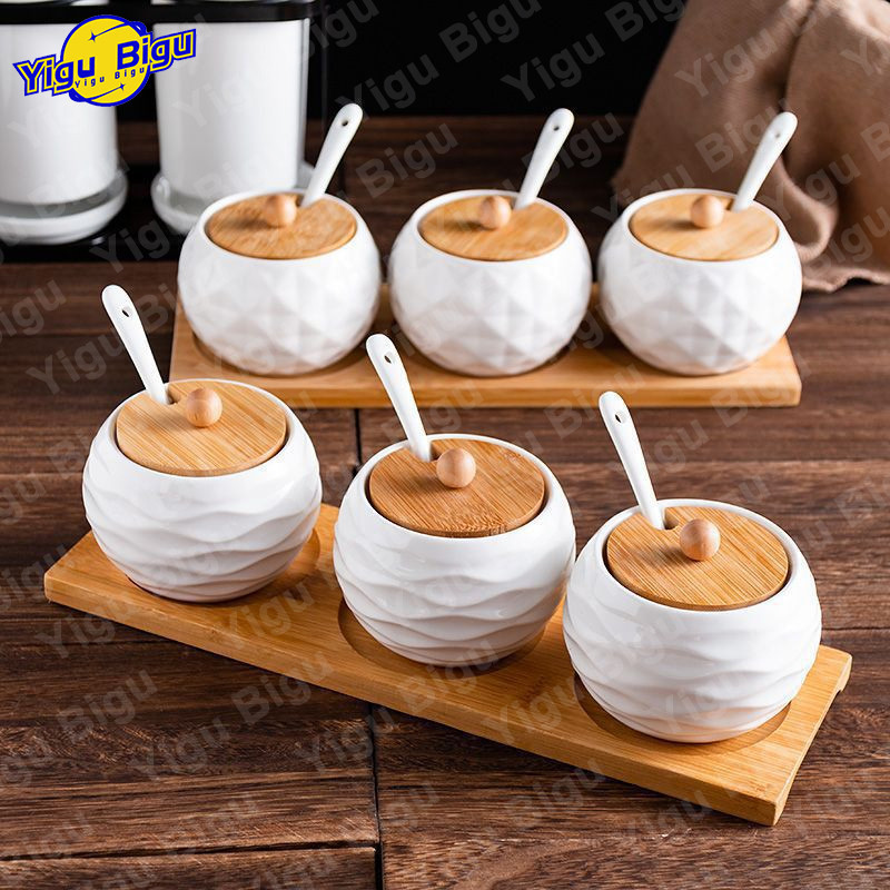 Toples Bumbu Keramik Dapur Set 3 Set Kombo 3 Toples + 1 Alas Kayu 3 Dan 1 Wadah Kayu Toples Kombinas