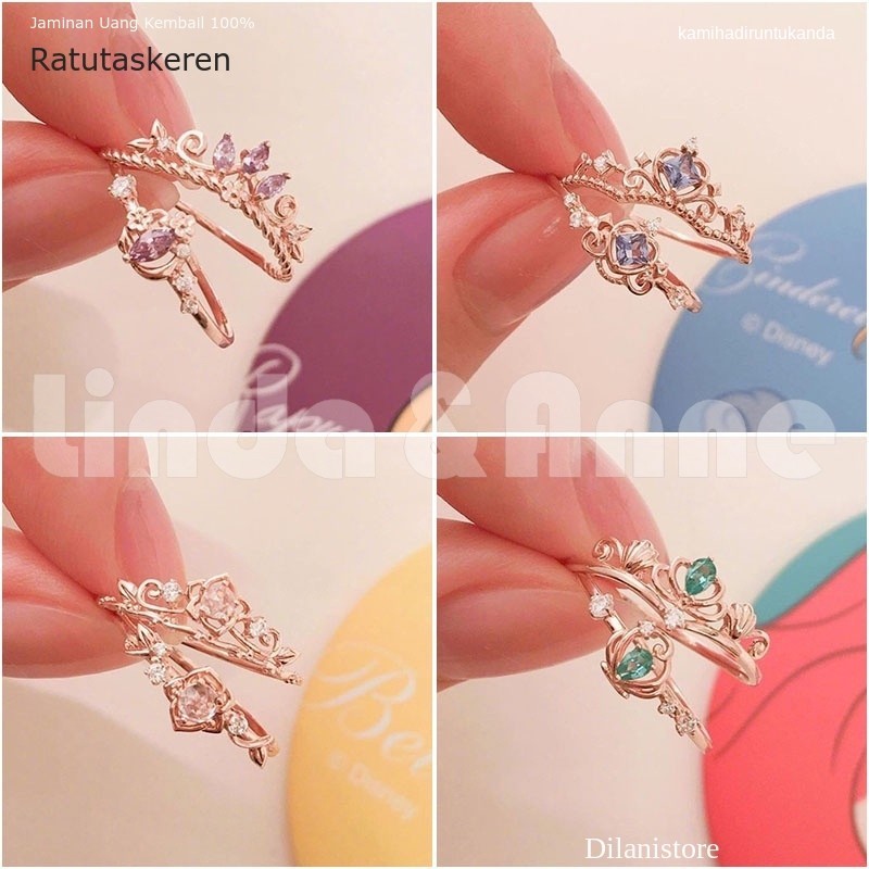 Cincin Zamzam Disney Princess Ring Wanita Cincin Batu Permata Mutiara Berlian Kristal Berwarna Adjus