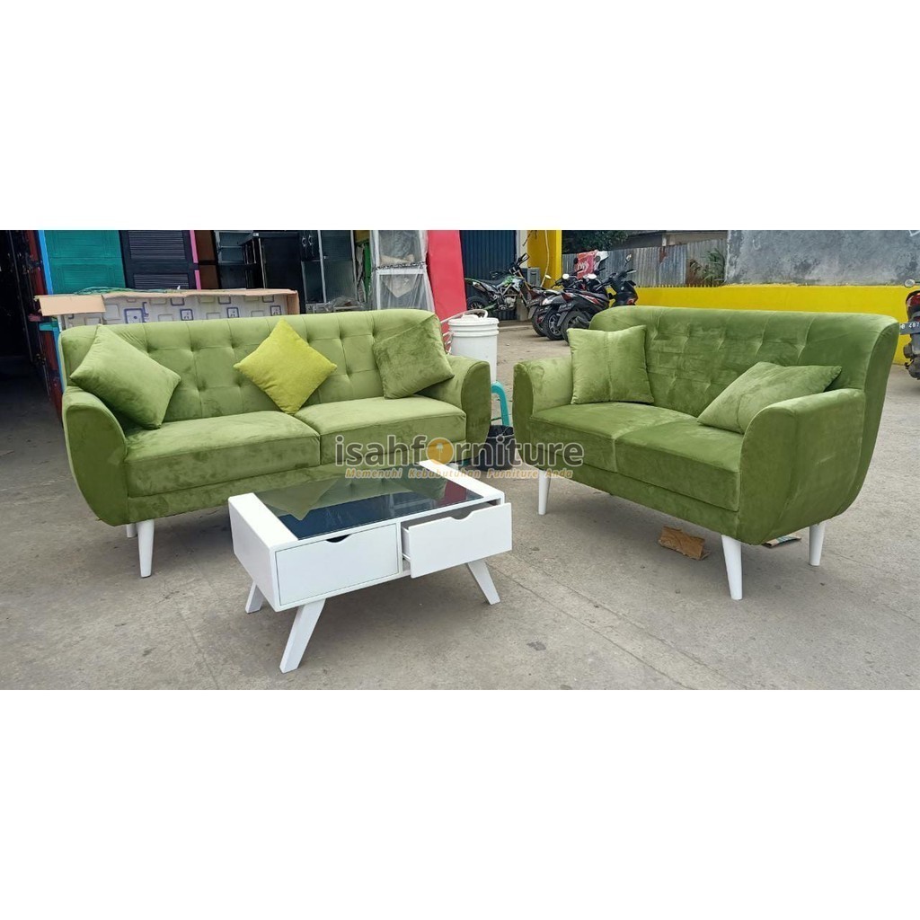Sofa Tamu/Kursi Tamu Minimalis Retro Hijau Kaki Putih 3 2 + Meja