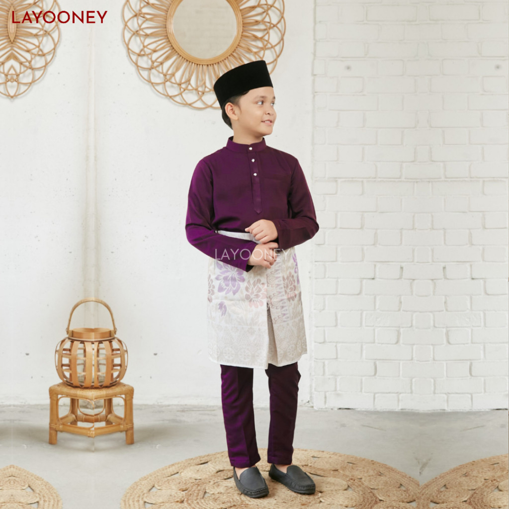 UB34RE Setelan Baju Kurung Melayu Anak Laki Laki  Bahan Katun Toyobo Ungu Burgundy Satu Set Pakaian 