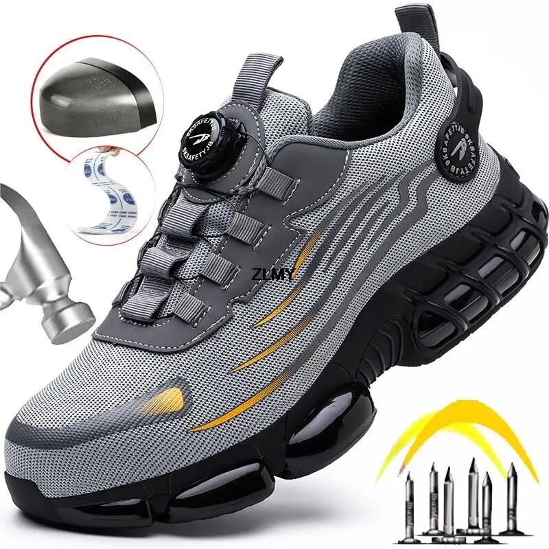 ZLMY Anti-slip Safety Shoes Men Steel Toe Sneaker Puncture Proof Rotary Button Safety Work Boots Man