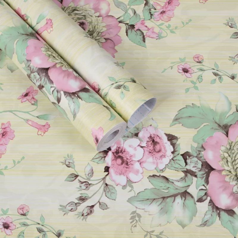 Wallpaper Sticker Dinding Cream Bunga Mawar Pink Besar Mewah Elegan Premium Ruang Tamu Kamar Tidur