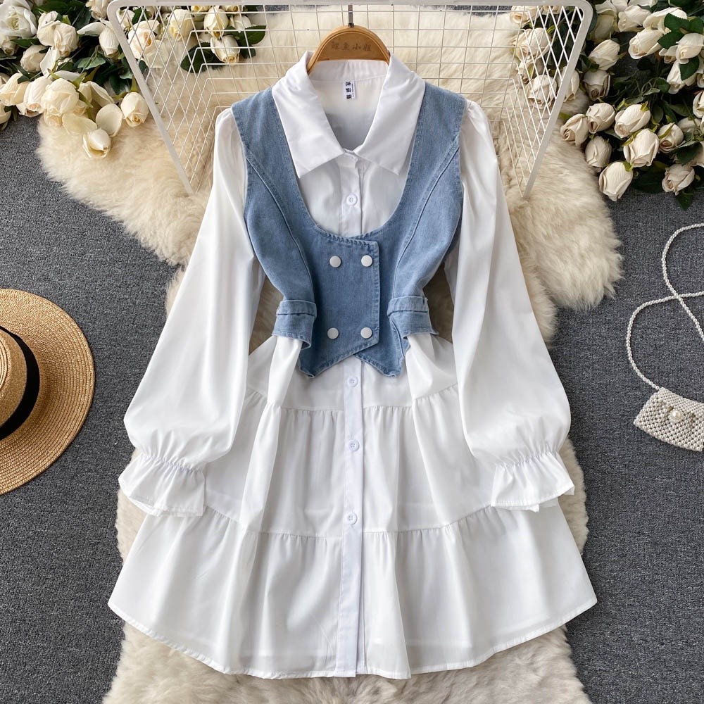 Set Wanita Harga Grosir Dress Putih dan Rompi Denim