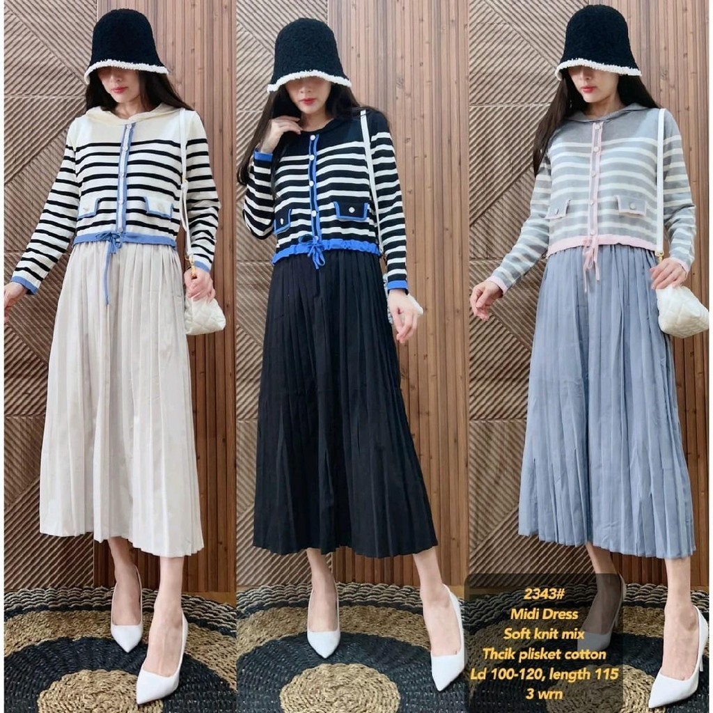 Midi Dress Wanita (2343) Jihan Rajut Soft Knit Mix Plisket