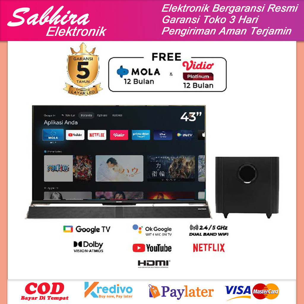 Tv polytron smart TV cinemax soundbar 43 inch pld 43BAG9953 garansi 5 tahun