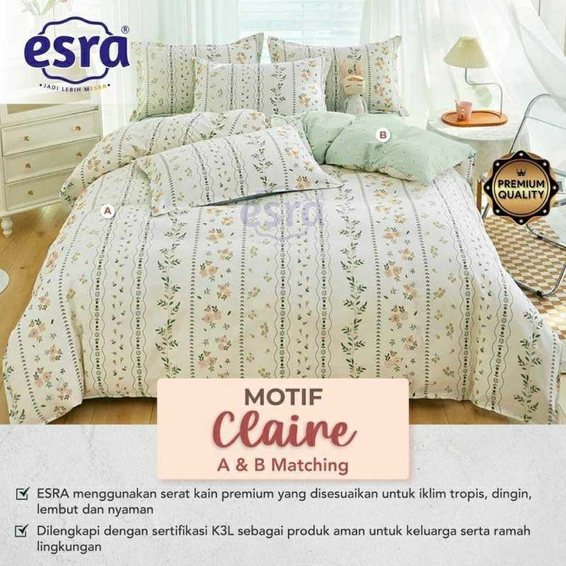 Bedcover + sprei anti geser katun esra motif CLAIRE kombinasi bunga putih dan hijau