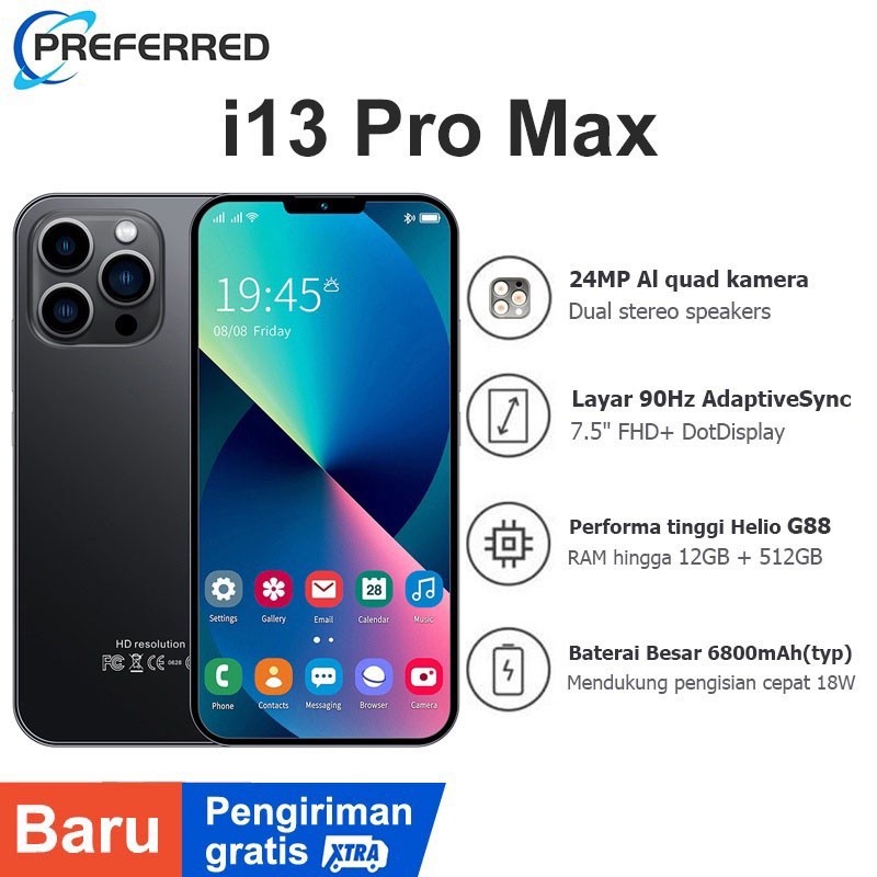 Smartphone i13 Pro Max Android hp murah i14 pro max 12GB RAM + 512GB ROM Handphone Layar 7,5inci Kam