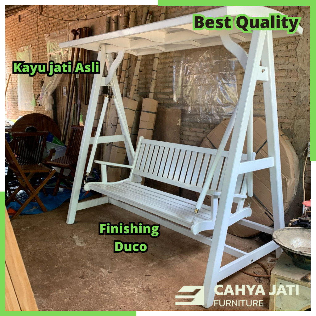Kursi Ayunan Kayu jati Gantung kanopi Teras Outdoor Cat duco putih Model Minimalis Produk Asli Jepar