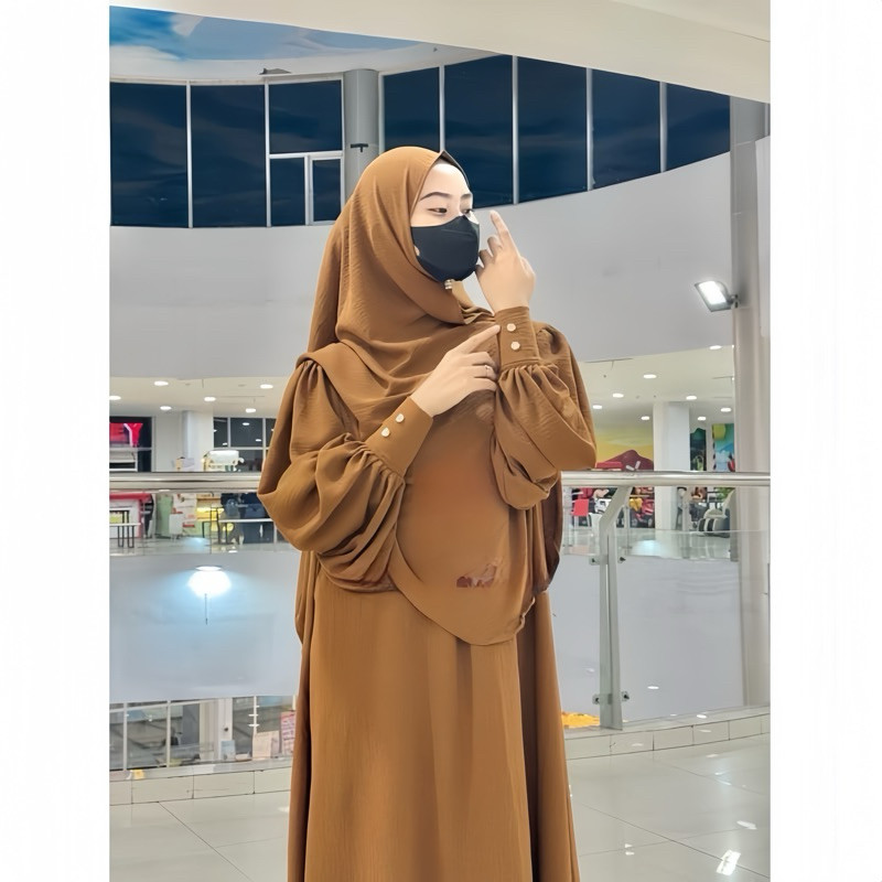 Daviana - Gamis Abaya Delina Set Hijab Pashmina Oval Bahan Cringkel Airflow Gamis Seragaman 7D3