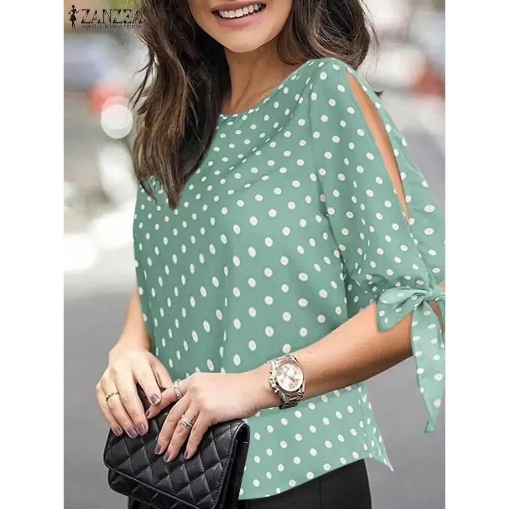 ZANZEA Woman Casual Polka Dots Printed Blouse Fashion Holiday Shirt Half Sleeve O-Neck Tunic Tops El