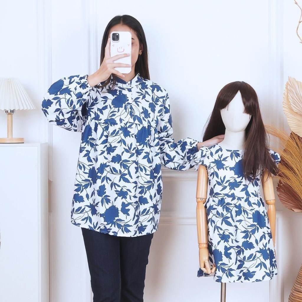 Megumi Blouse Couple Ibu dan Anak Flower Motif / Fashion Couple Blouse dan Dress Anak Perempuan Moti