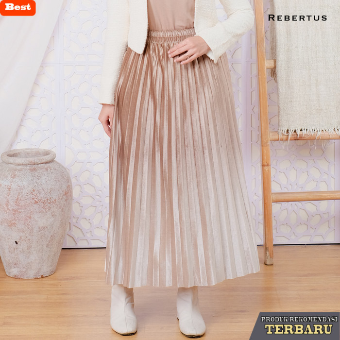 rok wanita kekinian Rok Plisket Bludru Panjang Gradasi Wanita Rebertus Fiona - Cream