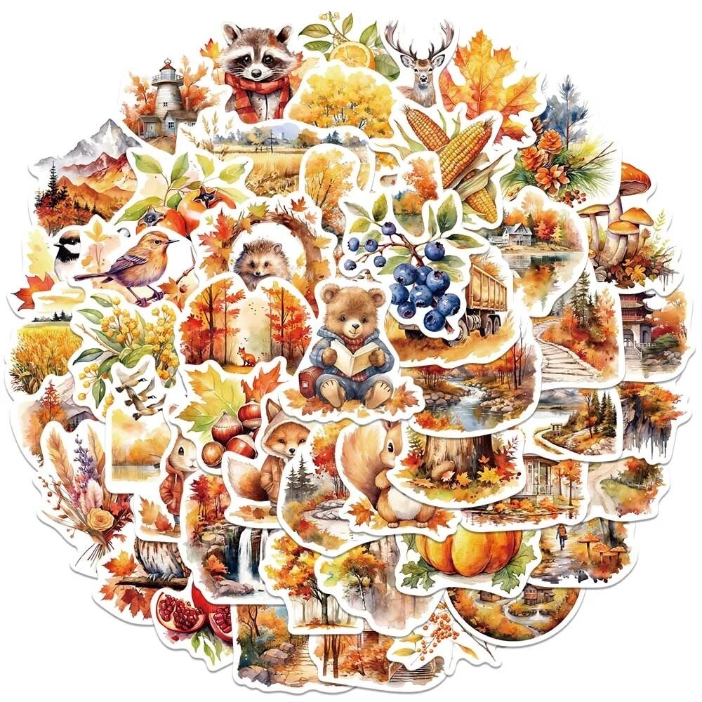 

50pcs Waterproof Graffiti Cute Cartoon Autumn Animals Foods Stickers For Laptop Water Bottle Luggage Notebook Vinyl Decals