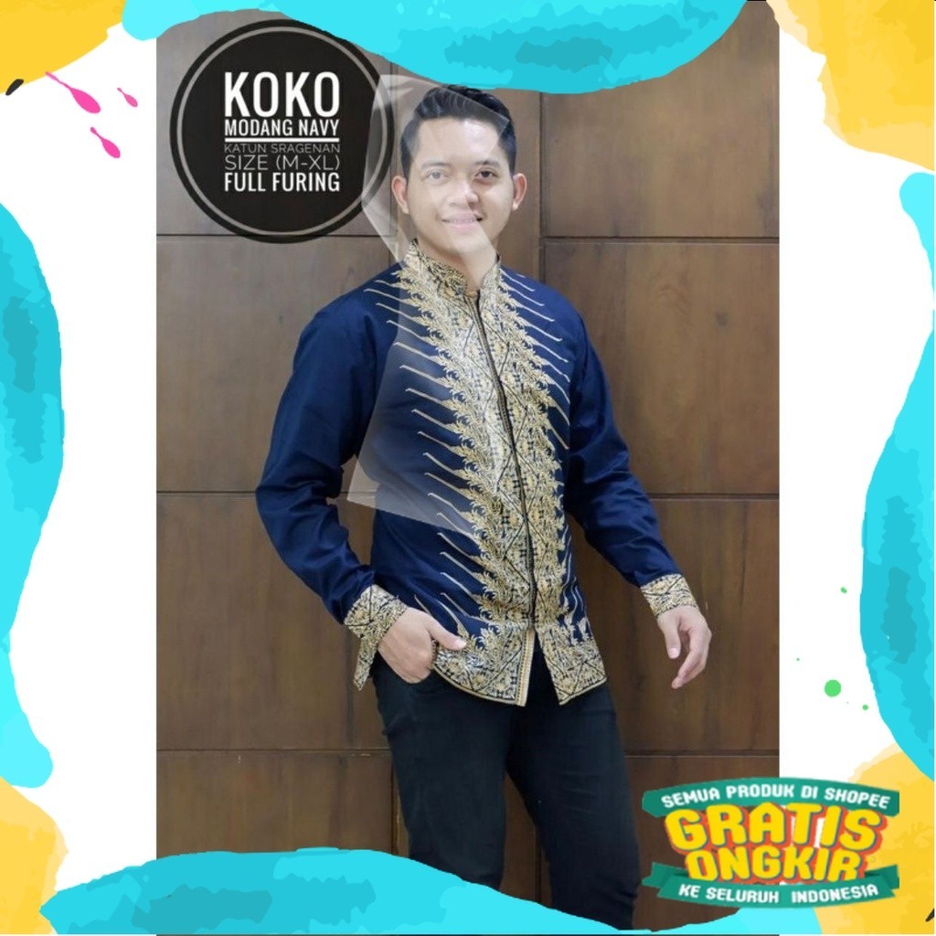 KEMEJA BATIK PRIA LENGAN PANJANG KERAH KOKO PREMIUM BIRU DONGKER NAVY BIRU GELAP BIRU TUA FULL FURIN