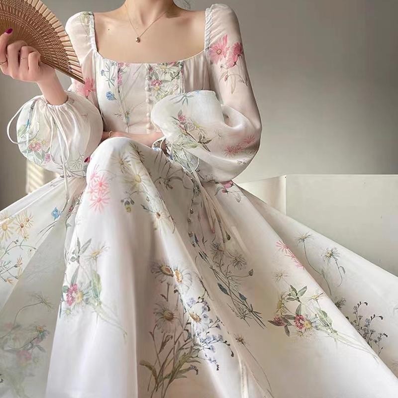 Putih Dress Floral Wanita | Floral Dress Putih Kondangan Pesta Retro Vintage | White Dress Mewah Ele