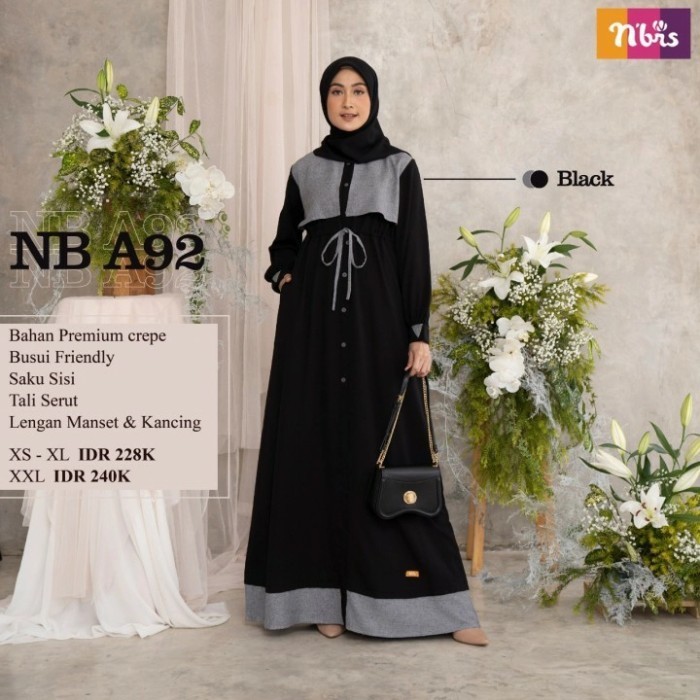 Gamis Nibras NB A92 Warna Hitam Black Baju Muslimah  Crepe Flow - Hitam Black, XS