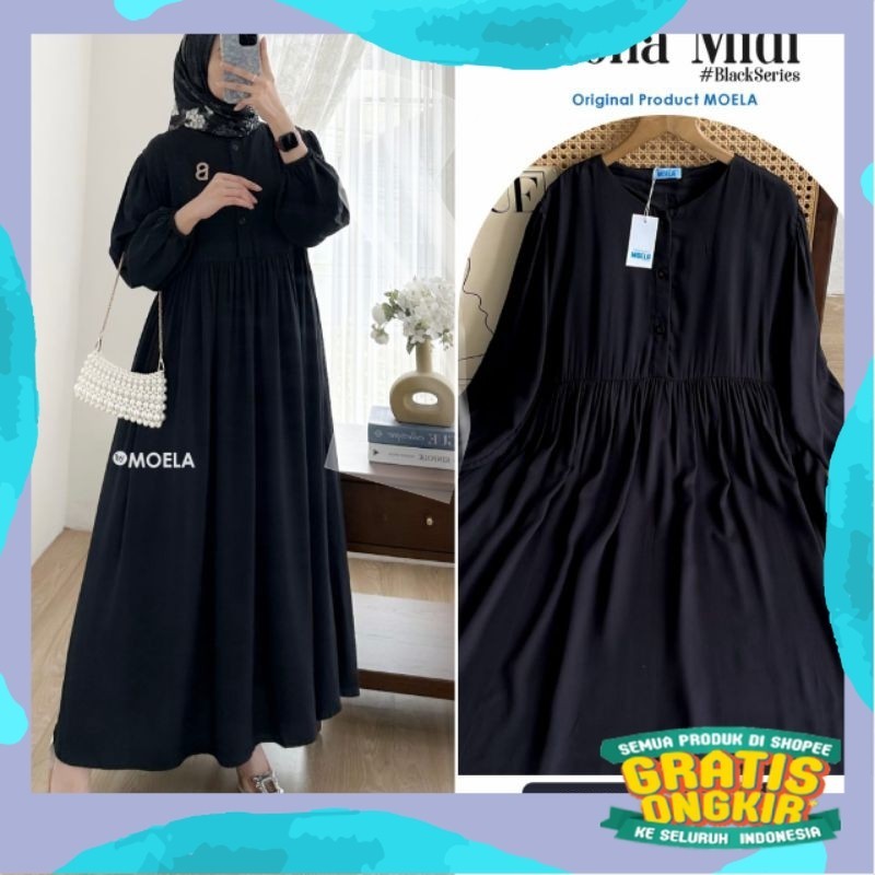 Gamis Midi Dress Busui Polos Katun Rayon Airflow Linen Original Moela [Sesis Tammy Jiona Cisia Cerla