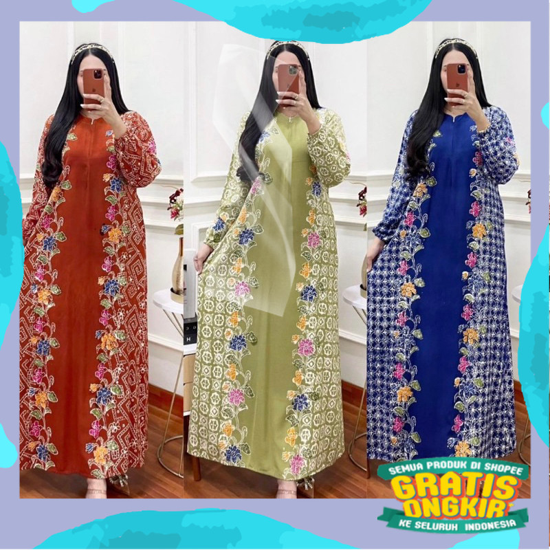 GAMIS RAYON BATIK CAP PEKALONGAN MOTIF BUNGA MEKAR/pink fanta