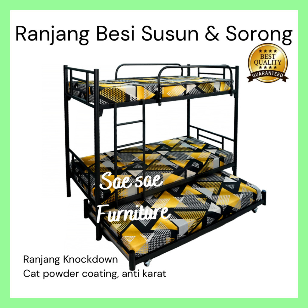 KIRIM KARGO Ranjang Besi Susun Sorong 3 Tingkat 90x200 100x200 120x200