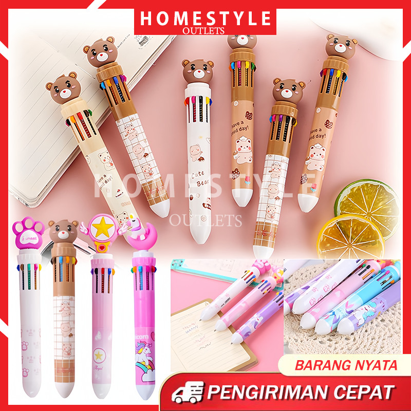 

10-in-1 Multicolor Ballpoint Pen / 10 Colors Cute Cartoon Barrel Ballpoint Pen for Office School Supplies Students / Bermotif Lucu / Pulpen / Pulpen Anak Anak