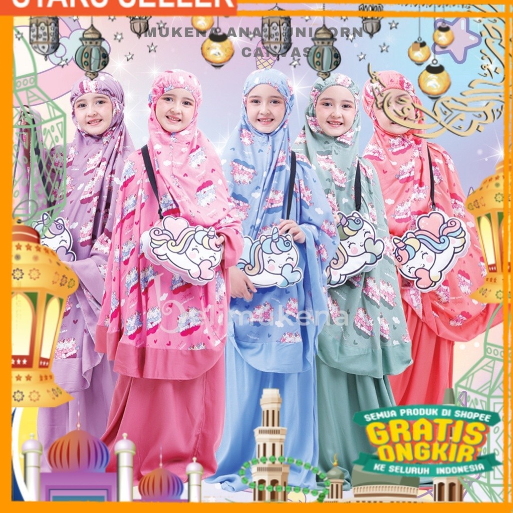BELIMUKENA PREMIUM - Mukena Anak Unicorn ( Tas Canvas )/ Pink Dusty Fanta Merah muda