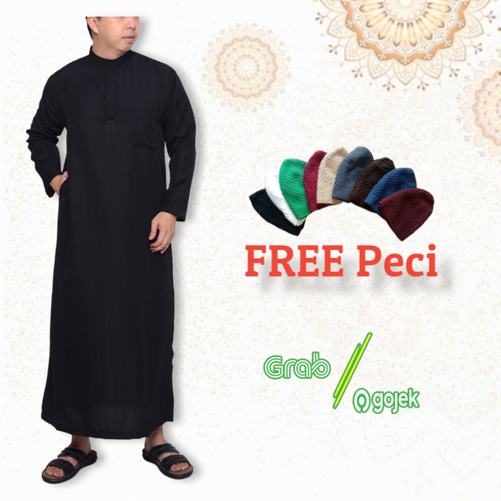 Jubah Gamis Pria Panjang Hitam Dewasa Bordir FREE PECI